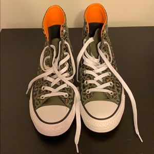 Green leopard high top converse